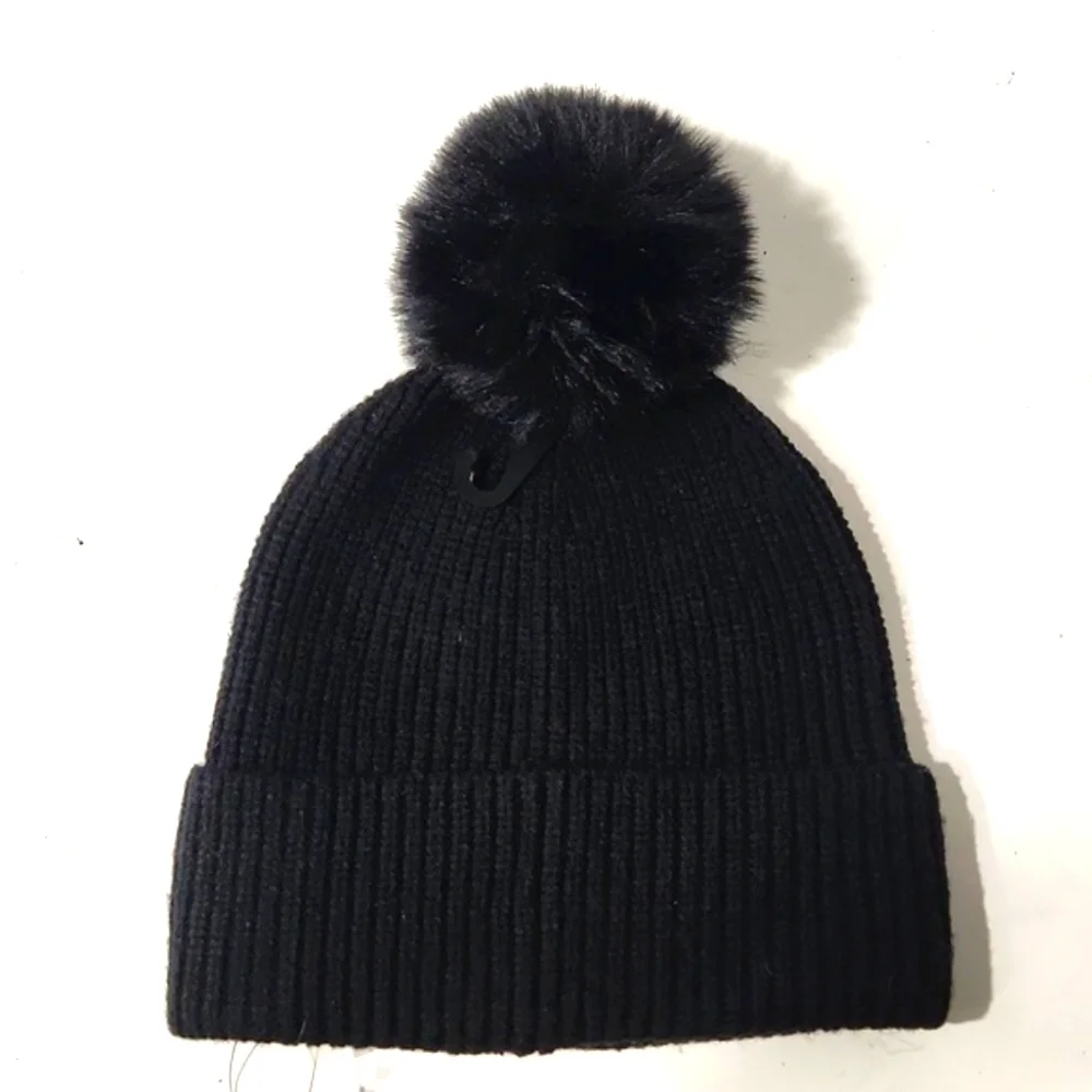 NWT Karl Lagerfeld Black Rhinestone Faux Fur Pom-Pom Beanie